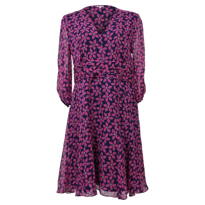 Diane Von Furstenberg Sheer Sleeve V-Neck Dress In Pink Floral Print Silk